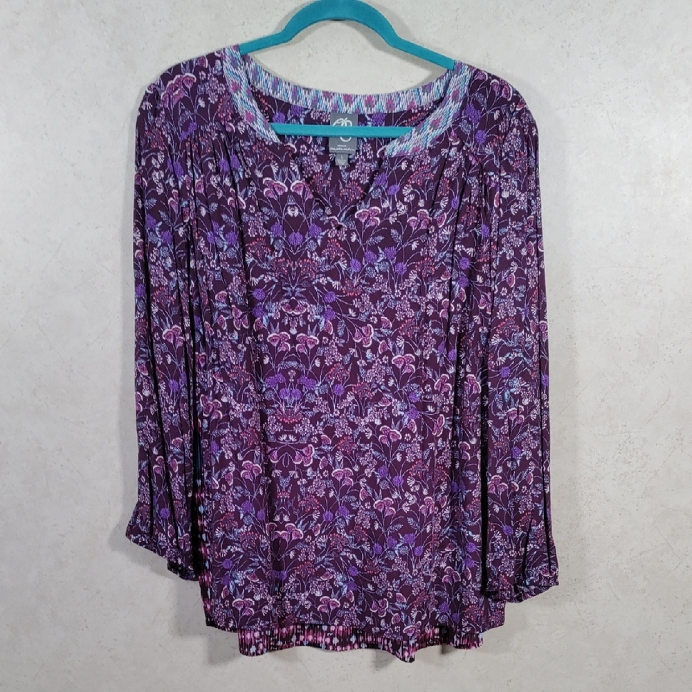 04110 One September burgundy, purple & aqua floral blouse L